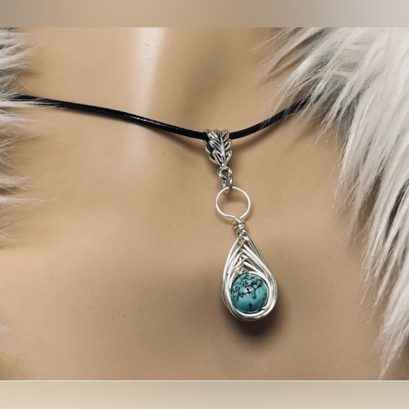 Genuine Turquoise Pendant Hand Wire Wrapped With Silver Pl Wire - Picture 3 of 8